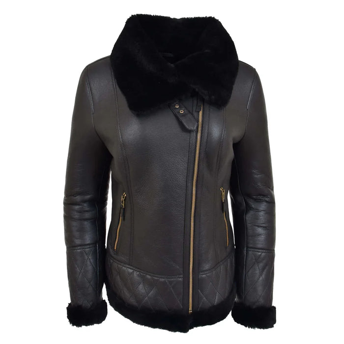 Women Black Faux Fur Collar Leather Zip Jacket