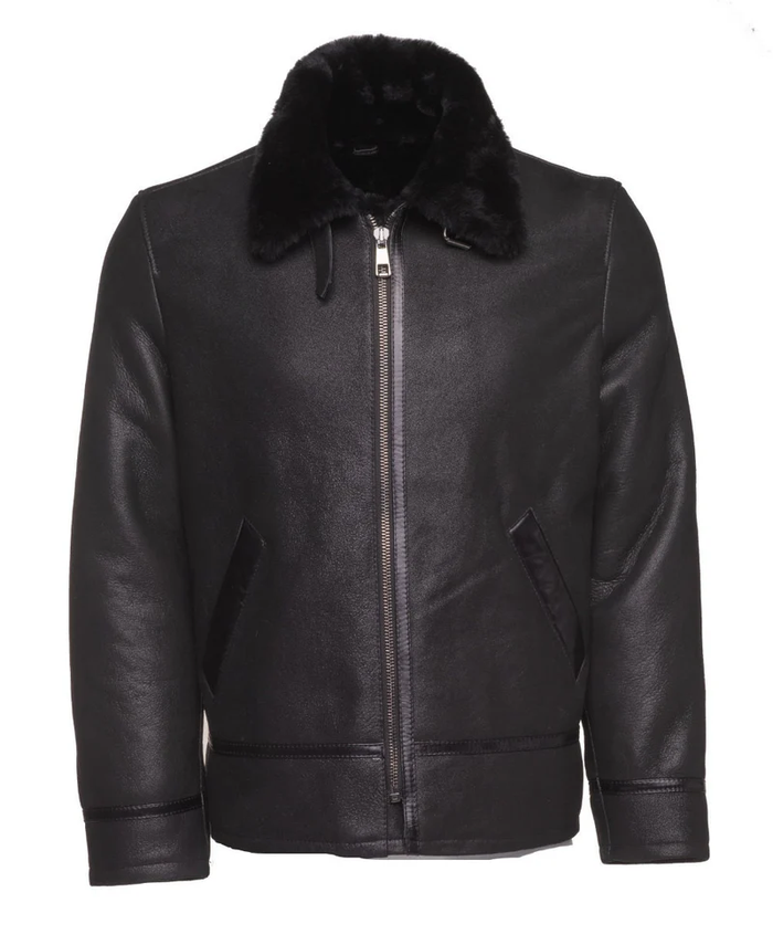 Men Black Shearling Collar Leather Jacket