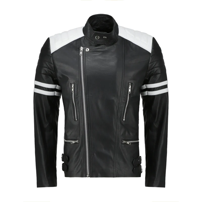 Men Black Racer Style Leather Jacket with White Stripes