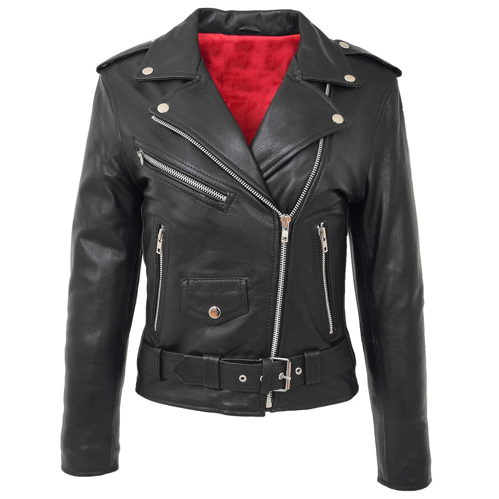 Women Black Biker Style Genuine Leather Zip Jacket