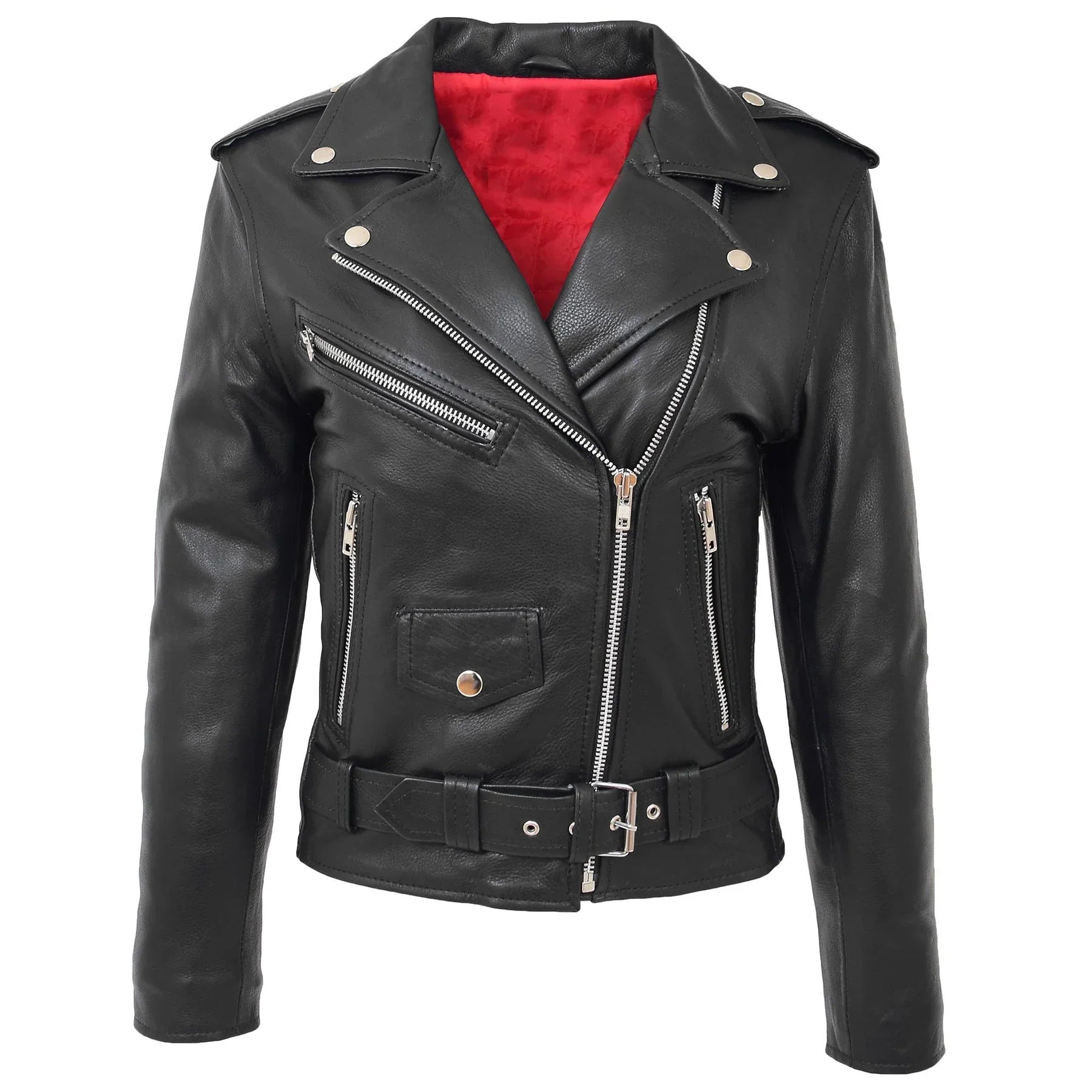 Women Black Biker Style Genuine Leather Zip Jacket