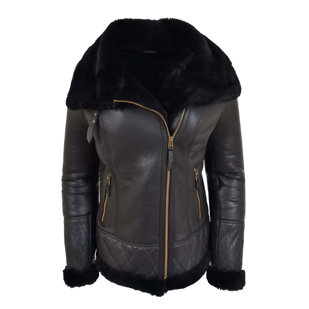 Women Black Faux Fur Collar Genuine Leather Zip Jacket