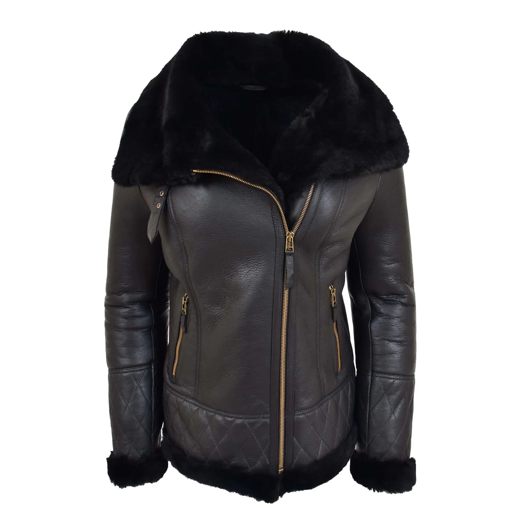 Women Black Faux Fur Collar Genuine Leather Zip Jacket