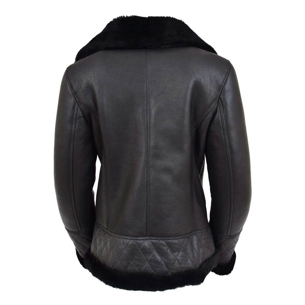Women Black Faux Fur Collar Genuine Leather Zip Jacket