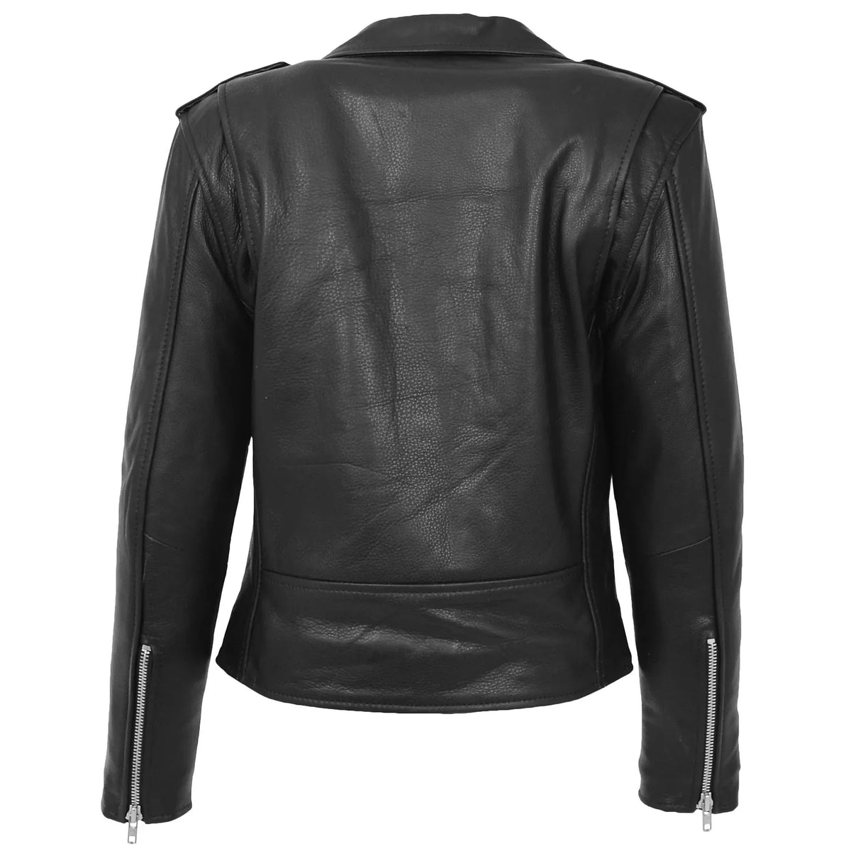 Women Black Biker Style Genuine Leather Zip Jacket