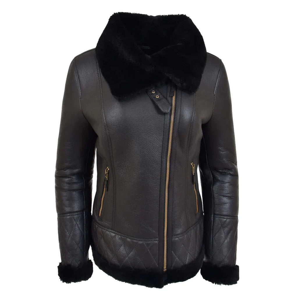 Women Black Faux Fur Collar Genuine Leather Zip Jacket