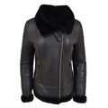 Women Black Faux Fur Collar Genuine Leather Zip Jacket