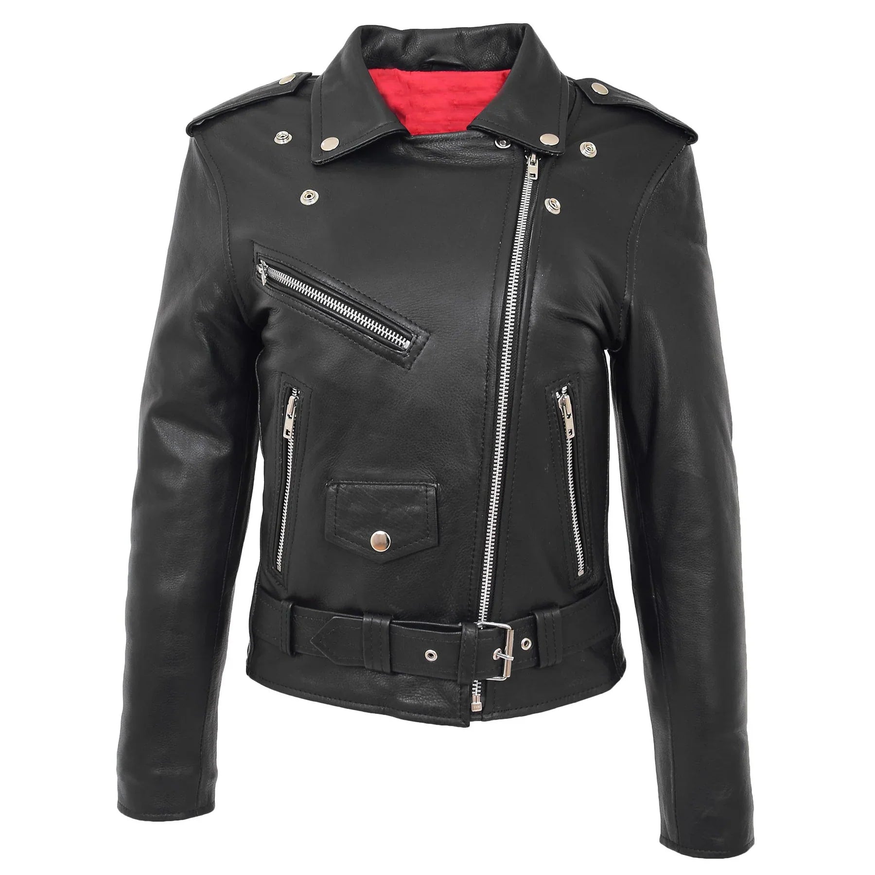 Women Black Biker Style Genuine Leather Zip Jacket