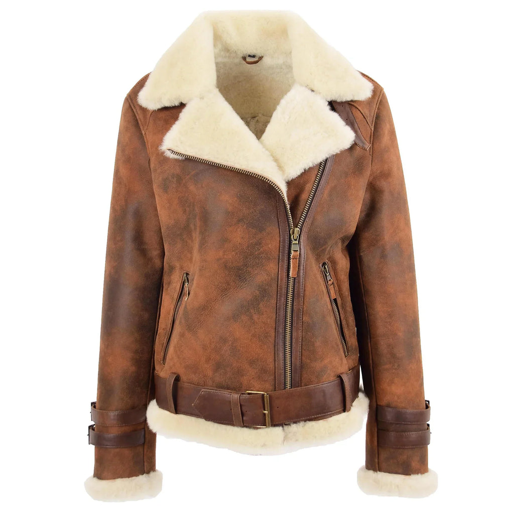 Women Brown Genuine Leather Belted Biker Jacket with Faux Shearling
