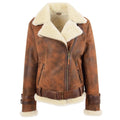 Women Brown Genuine Leather Belted Biker Jacket with Faux Shearling