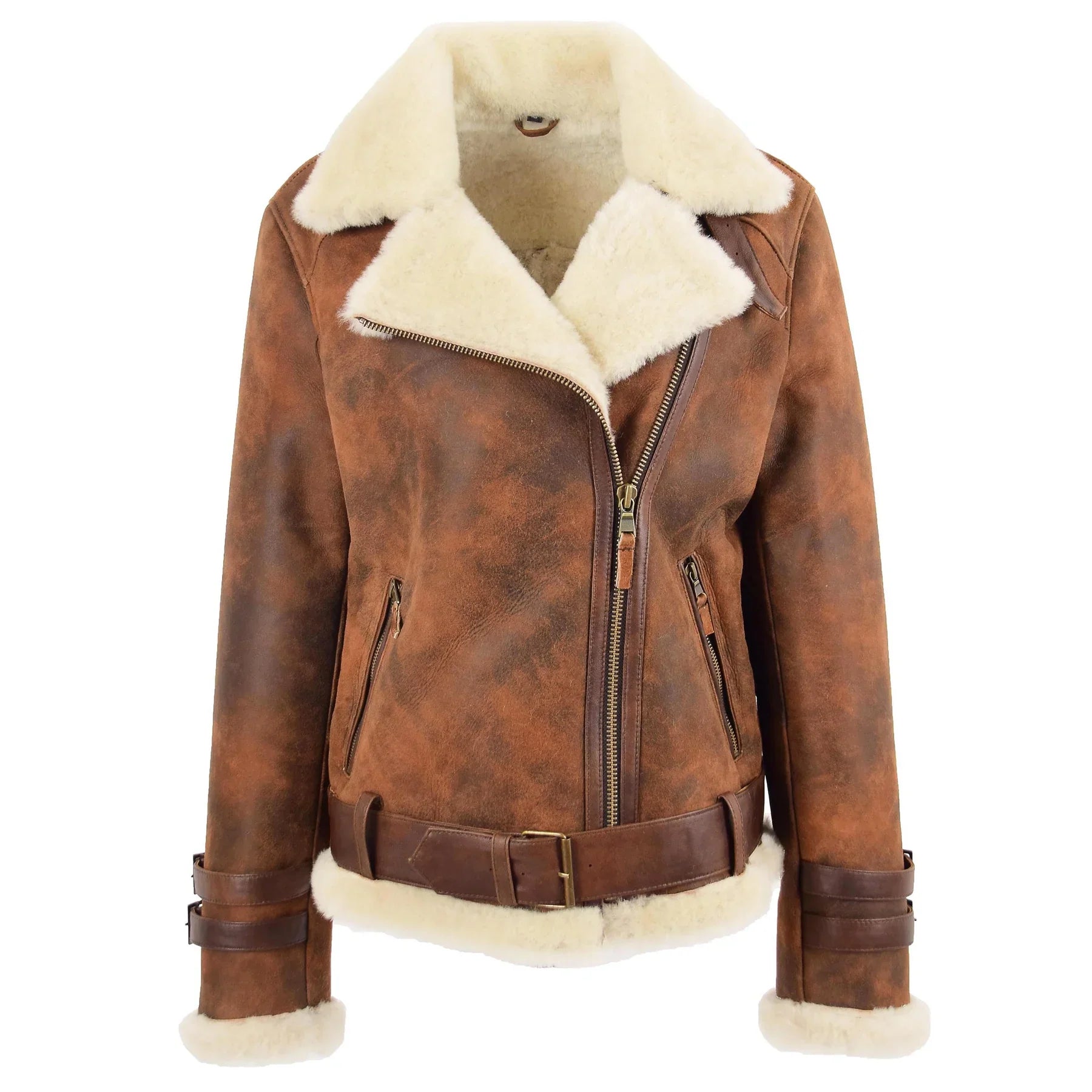 Women Brown Genuine Leather Belted Biker Jacket with Faux Shearling
