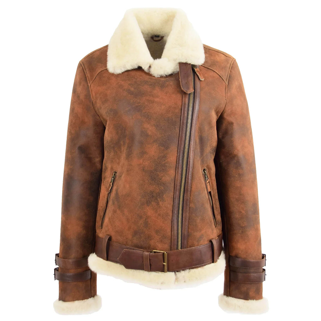 Women Brown Genuine Leather Belted Biker Jacket with Faux Shearling
