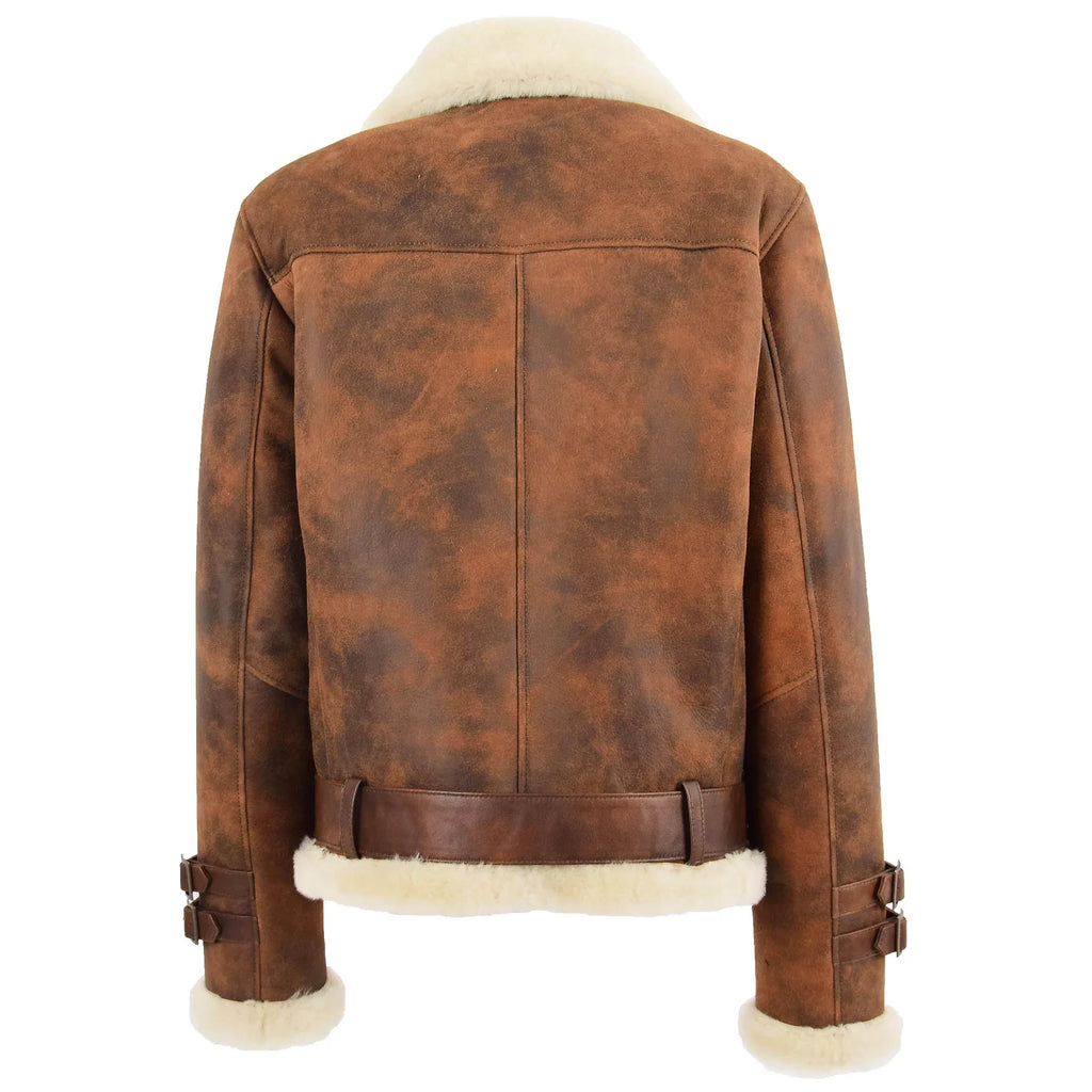 Women Brown Genuine Leather Belted Biker Jacket with Faux Shearling