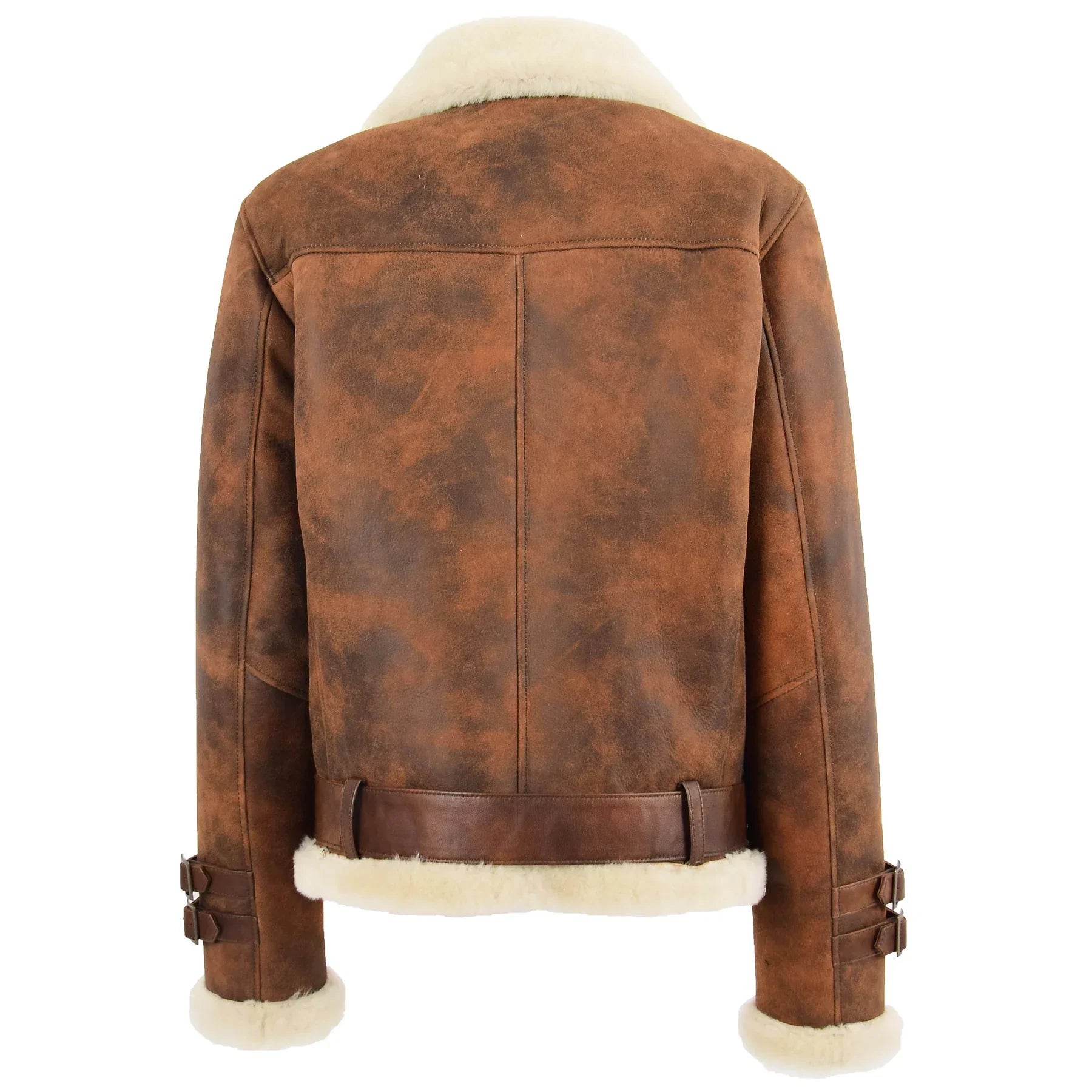 Women Brown Genuine Leather Belted Biker Jacket with Faux Shearling