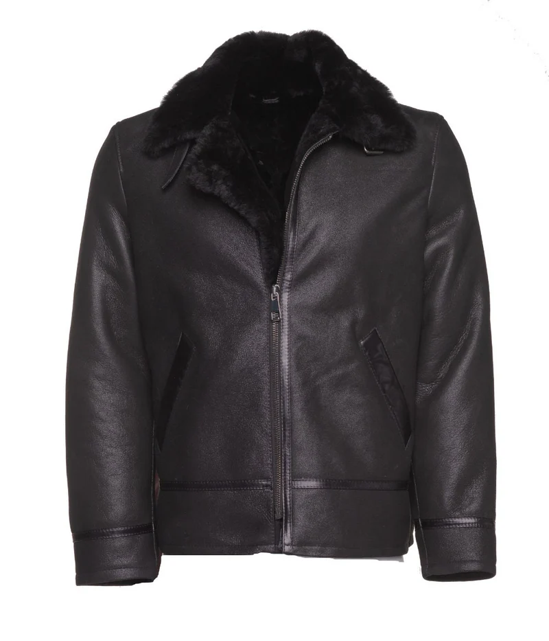 Men Black Shearling Collar Biker Genuine Leather Jacket