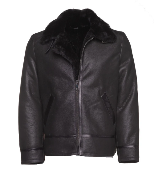 Men Black Shearling Collar Biker Genuine Leather Jacket