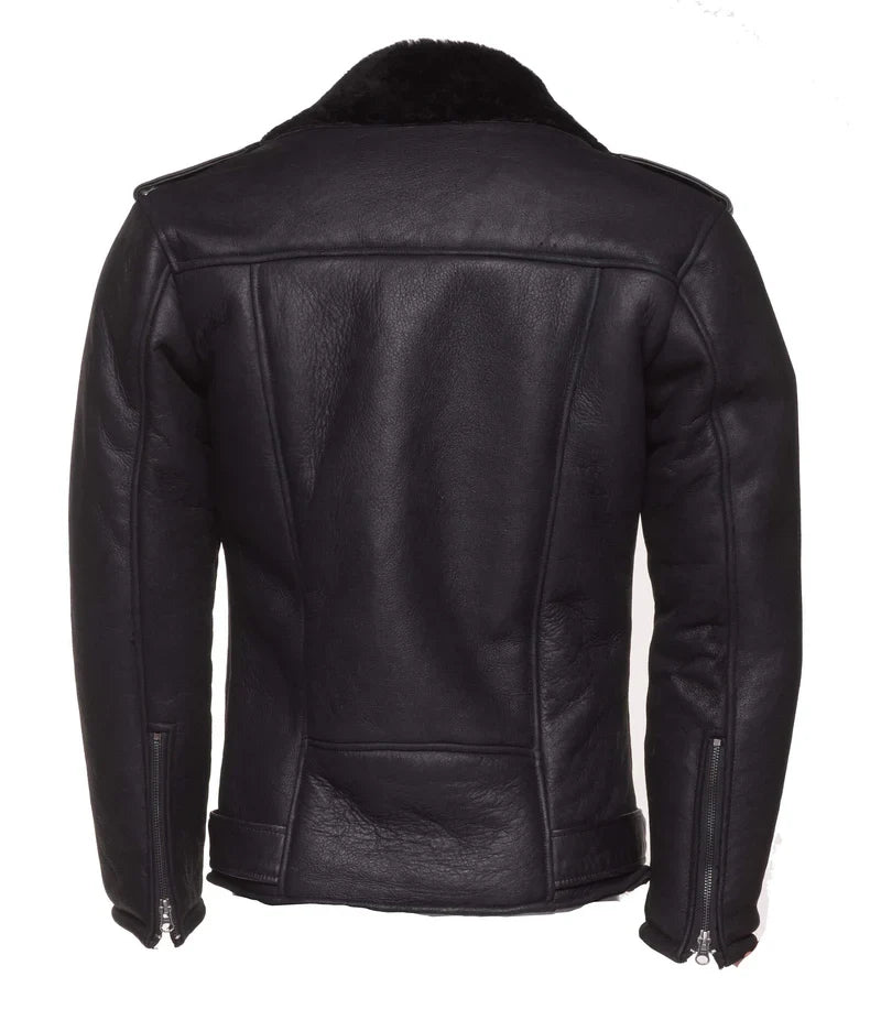 Men Black Shearling Collar Biker Genuine Leather Jacket