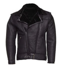 Men Black Shearling Collar Biker Genuine Leather Jacket