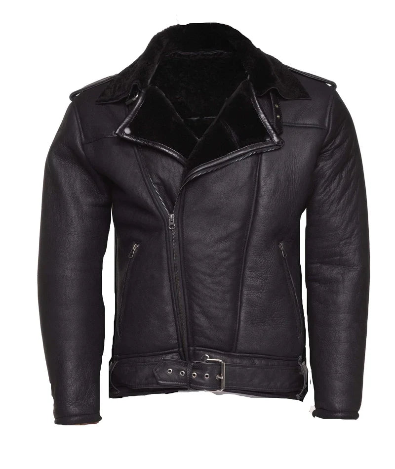 Men Black Shearling Collar Biker Genuine Leather Jacket