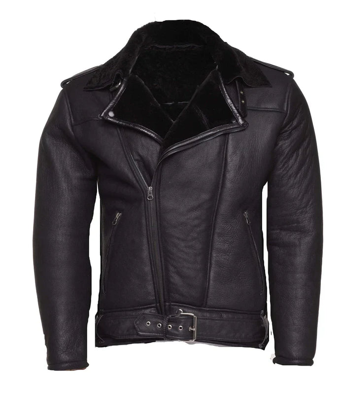Men Black Shearling Collar Biker Leather Jacket
