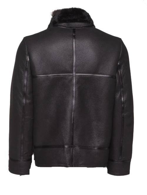 Men Black Shearling Collar Genuine Leather Jacket