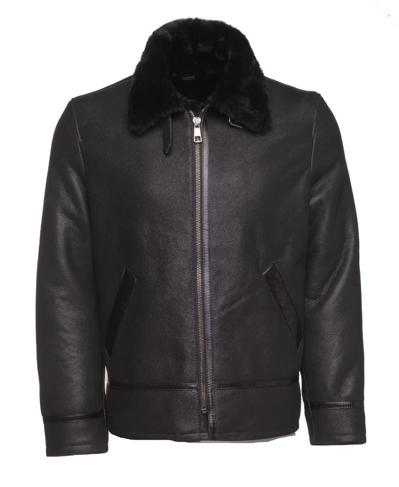 Men Black Shearling Collar Genuine Leather Jacket