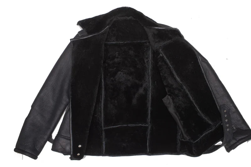 Men Black Shearling Collar Genuine Leather Jacket