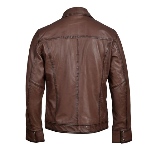 Men Brown Classic Zip Up Genuine Leather Jacket