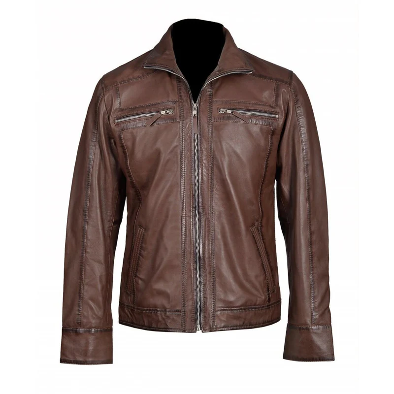 Men Brown Classic Zip Up Genuine Leather Jacket