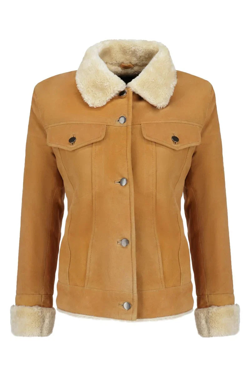 Women Camel Genuine Leather Jacket with Faux Shearling Collar