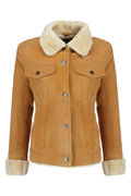 Women Camel Genuine Leather Jacket with Faux Shearling Collar