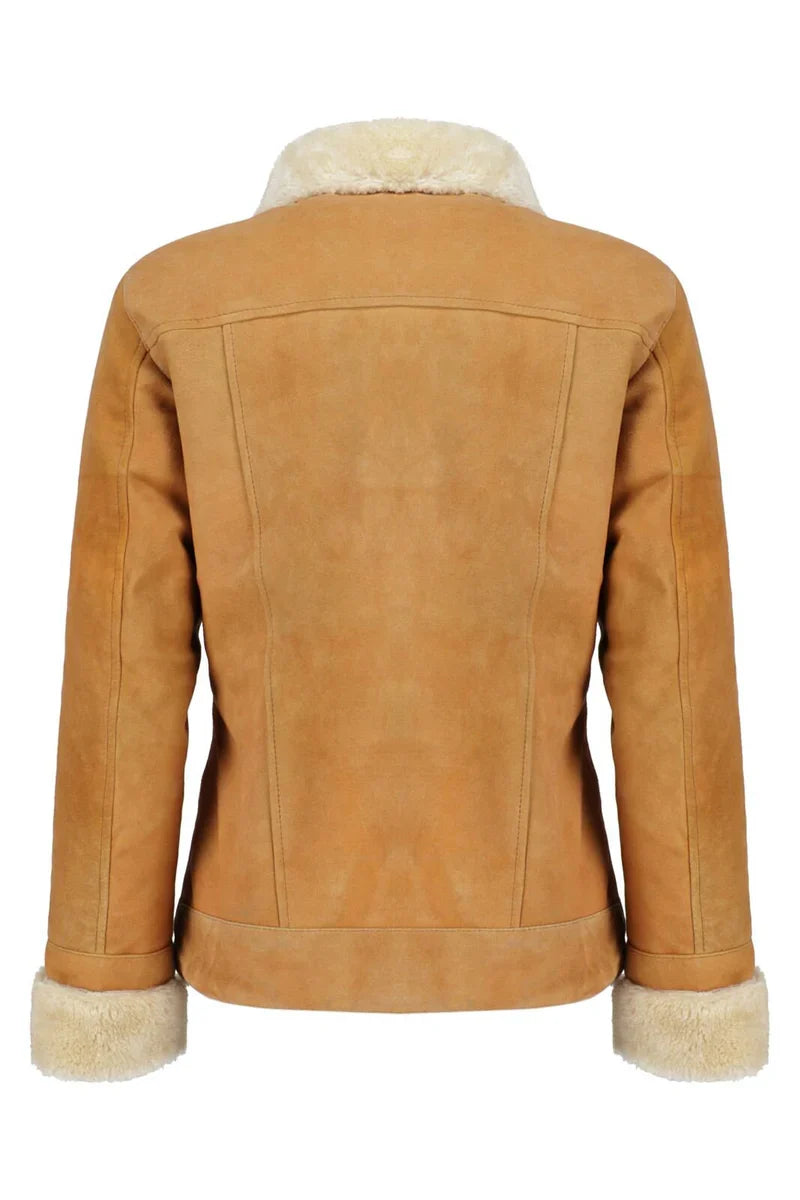 Women Camel Genuine Leather Jacket with Faux Shearling Collar