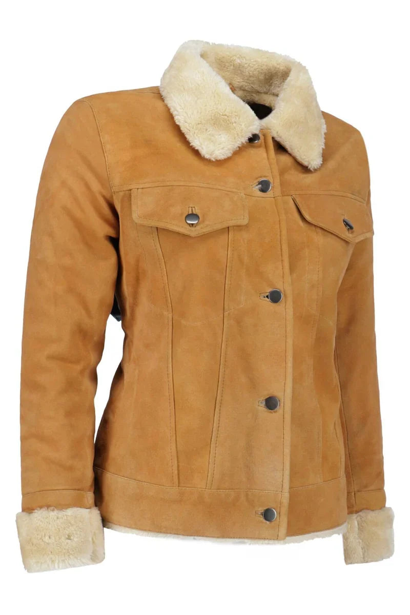 Women Camel Genuine Leather Jacket with Faux Shearling Collar