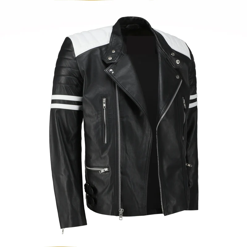 Men Black Racer Style Genuine Leather Jacket with White Stripes