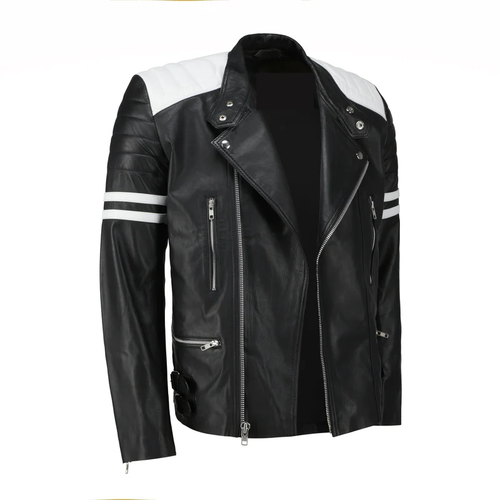 Men Black Racer Style Genuine Leather Jacket with White Stripes