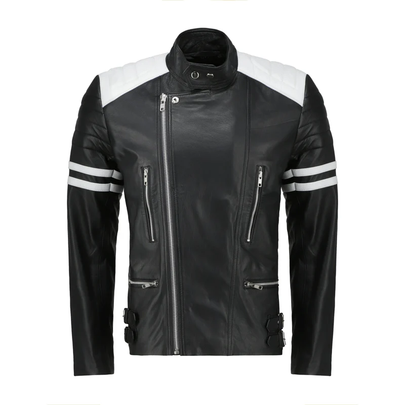 Men Black Racer Style Genuine Leather Jacket with White Stripes
