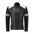 Men Black Racer Style Genuine Leather Jacket with White Stripes