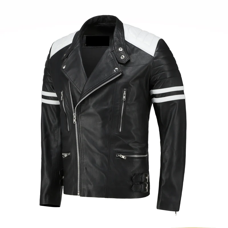 Men Black Racer Style Genuine Leather Jacket with White Stripes